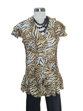 Essentials by Milano Tan and Black Animal Print Ruffle Blouse
